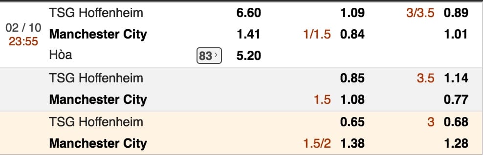 Tỷ lệ cược Hoffenheim vs Man City lúc 23h55 ngày 2/10 Cúp C1 3