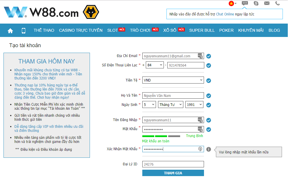 Giao dien dang ky tai khoan w88