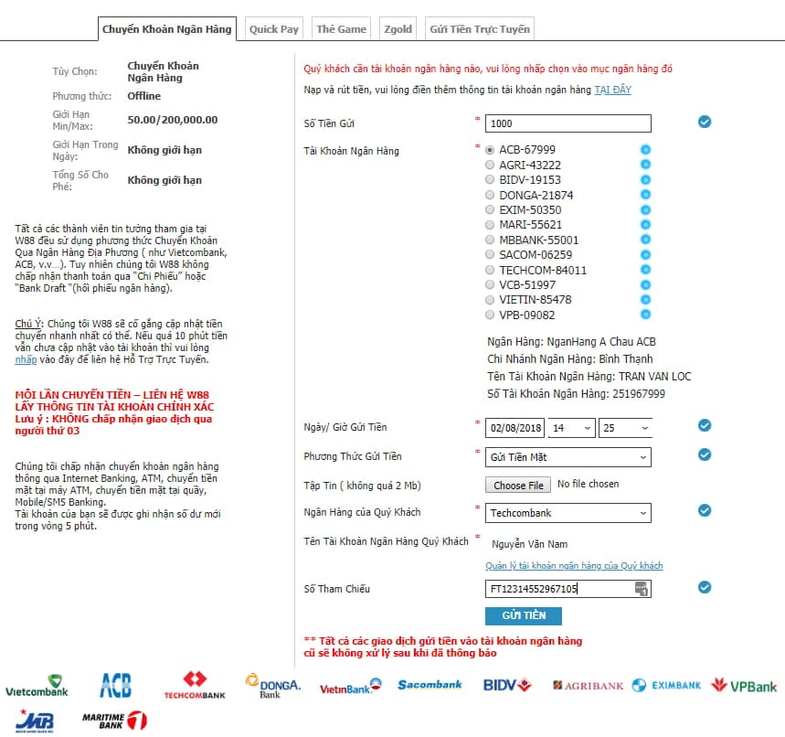 Hoan thanh gui tien w88