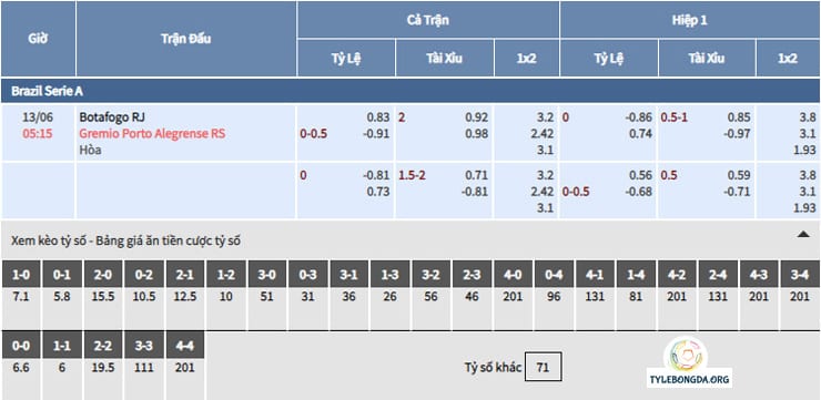 Bảng tỷ lệ soi kèo bóng đá Botafogo vs Gremio